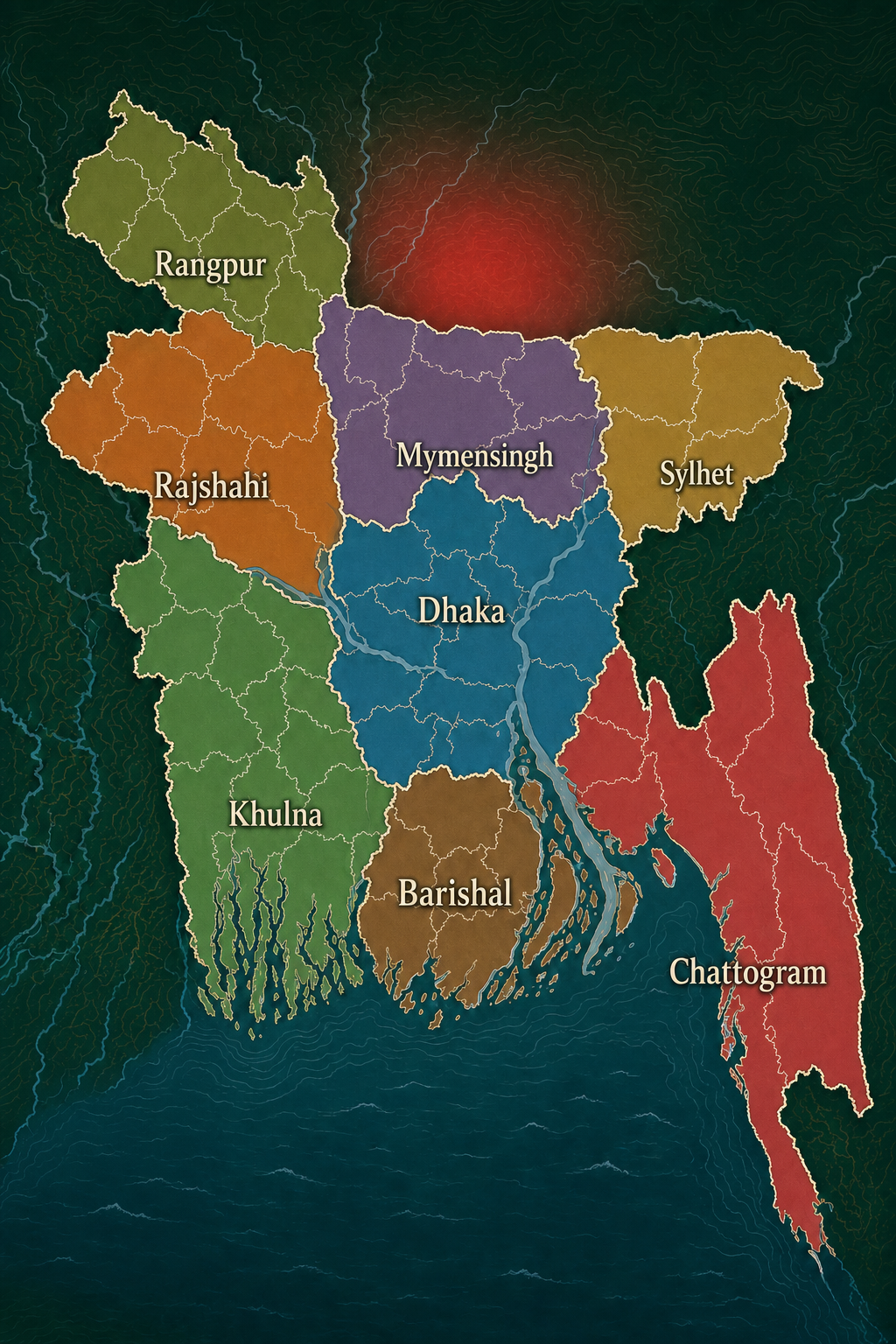 Map of Bangladesh labelled with Barishal, Chattogram, Dhaka, Khulna, Mymensingh, Rajshahi, Rangpur and Sylhet divisions